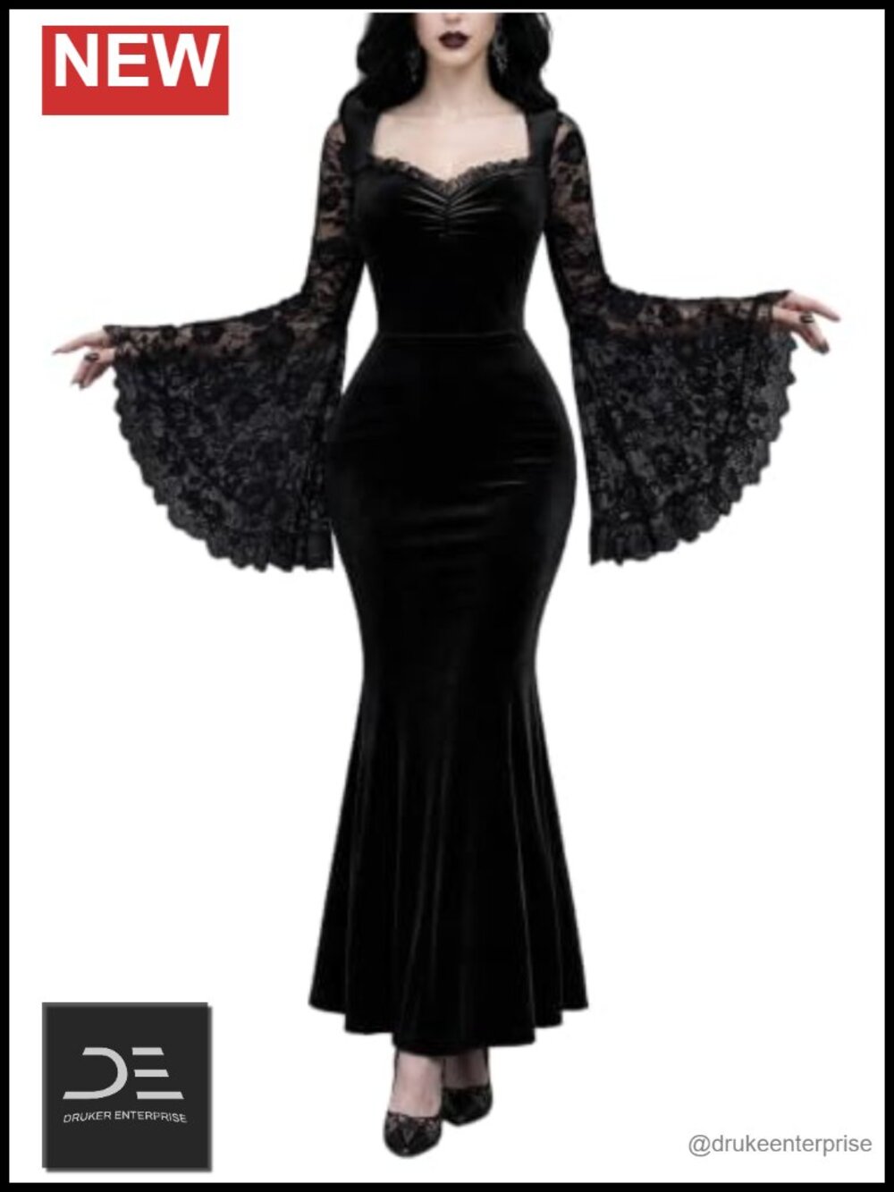 Velvet Mermaid Goth Dress Lace Bell Sleeve V-Neck Long Sleeve Maxi Cosplay Party - Picture 1 of 6